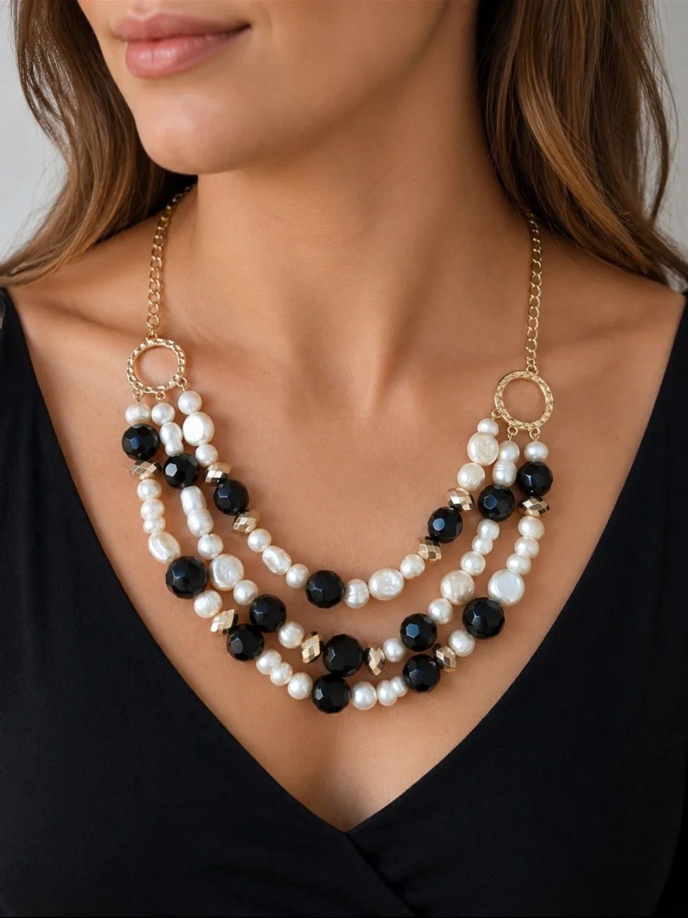 Gold Tone Black & Faux Pearl Triple Strand Statement Necklace